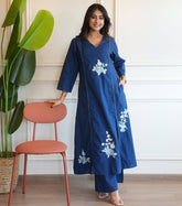 Blue Pure Soft Cotton Flower Dress with Pants