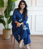 Blue Pure Soft Cotton Flower Dress with Pants