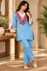DIVA-165 – Blue Women's Embroidered Rayon Slub Co-Ord Set