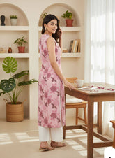 Digital Print Sleeveless pink Kurti Set with Embroidered Bottoms