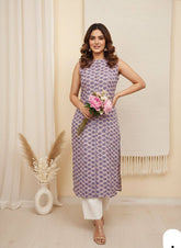 Digital Print Sleeveless Kurti Set with Embroidered Bottoms