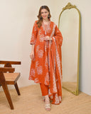 Elegant Discharge Print A-Line Kurta Set with Malmal Dupatta