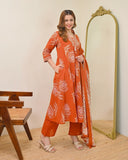 Elegant Discharge Print A-Line Kurta Set with Malmal Dupatta