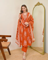 Elegant Discharge Print A-Line Kurta Set with Malmal Dupatta