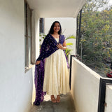 Cream Anarkali Dress with Navy Blue Dupatta – Elegant Women’s Ethnic Wear
