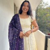 Cream Anarkali Dress with Navy Blue Dupatta – Elegant Women’s Ethnic Wear