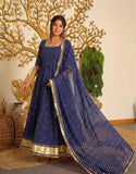 Royal Blue Festive Bandhej Print Gown Set