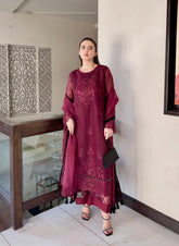Designer Mahroon Embroidered 3-Piece Suit Set