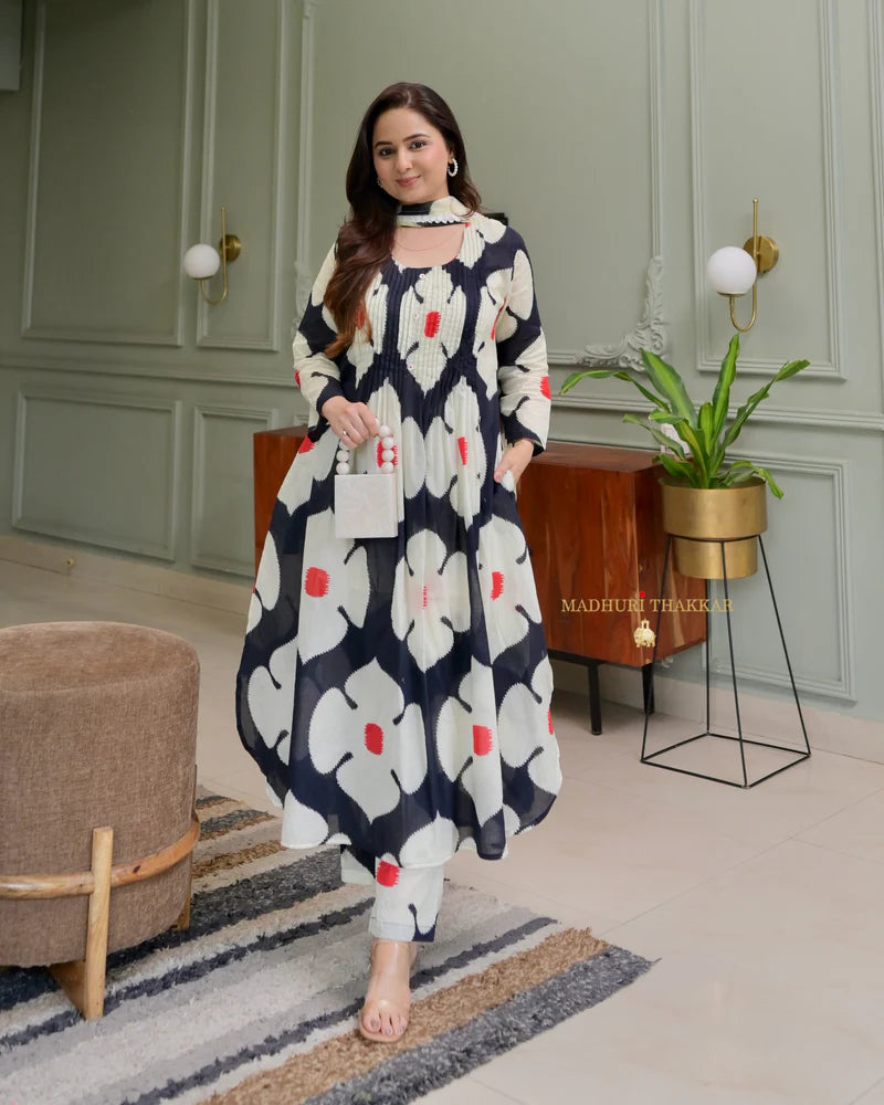Black & White Color Floral Printed Terry Cotton Kurta Pant set