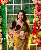 'Elegant Golden Silk Saree with Maroon Embroidered Blouse – Perfect for Weddings and Festive Occasions'