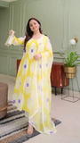 White & Yellow Printed floral design With Dupatta
