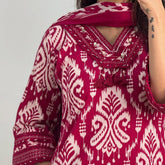 Ruby Red Ikkat Straight Printed V-Neck Kurti Pant with Dupatta Set