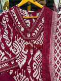 Ruby Red Ikkat Straight Printed V-Neck Kurti Pant with Dupatta Set
