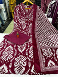 Ruby Red Ikkat Straight Printed V-Neck Kurti Pant with Dupatta Set