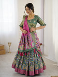 Green & Pink Kalamkari Tussar Silk Lehenga with Zari Border & Tassel Dupatta – Festive & Wedding Wear