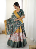 Bottle Green Kalamkari Flared Lehenga with Mustard Dupatta