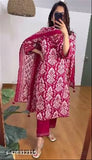 Ruby Red Ikkat Straight Printed V-Neck Kurti Pant with Dupatta Set