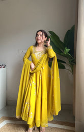 Yellow Georgette Sequence Embroidery Suit