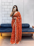 Vibrant Orange Bandhani Georgette Saree with embroidery Lace Border & Running Blouse