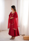 Red Premium Roman Shimmer Anarkali Set