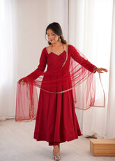 Red Premium Roman Shimmer Anarkali Set