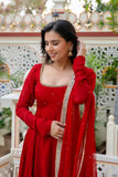 Red Karishma Silk 3-Piece Anarkali Set