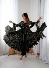 Women’s Ethnic Mal Chanderi Mirror Work Ruffle Gown Set with Pant & Dupatta