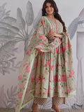 Ruhi Floral Printed Green Jaipuri Cotton Anarkali Suit Set