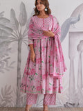 Ruhi Pink Floral Printed Pure Jaipuri Cotton Anarkali Suit Set with Dupatta