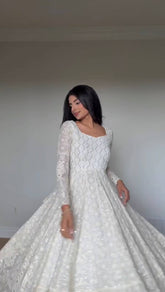 White Embroidered Faux Georgette Gown Set with Pant & Lace Dupatta