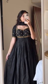 Embroidered Vichitra Silk Gown Set with Pant & Dupatta