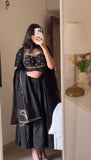 Embroidered Vichitra Silk Gown Set with Pant & Dupatta