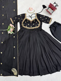 Embroidered Vichitra Silk Gown Set with Pant & Dupatta