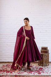 Royal blue Vichitra Silk Beads Work Anarkali Suit Set with Dupatta