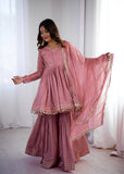 Mal Chanderi Mirror Work Kurta Set with Sharara Palazzo & Dupatta