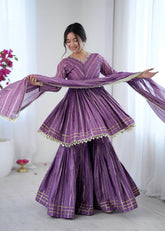 Mal Chanderi Mirror Work Kurta Set with Sharara Palazzo & Dupatta