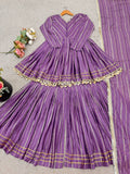 Mal Chanderi Mirror Work Kurta Set with Sharara Palazzo & Dupatta