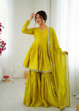 Mal Chanderi Mirror Work Kurta Set with Sharara Palazzo & Dupatta