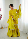 Mal Chanderi Mirror Work Kurta Set with Sharara Palazzo & Dupatta
