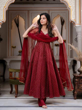 Chanderi Jacquard Butti Anarkali Suit Set with Pant & Soft Net Dupatta