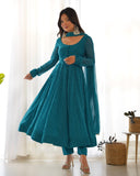 Rama blue Roman Silk Chanderi Anarkali Set