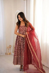 Embroidered Chanderi Jacquard Butti Anarkali Suit Set with Pant & Soft Net Dupatta