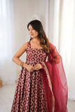 Embroidered Chanderi Jacquard Butti Anarkali Suit Set with Pant & Soft Net Dupatta