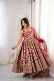 Embroidered Chanderi Jacquard Butti Anarkali Suit Set with Pant & Soft Net Dupatta