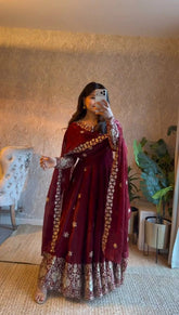 Embroidered Fendy Silk Anarkali Suit Set with Pant & Cutwork Dupatta
