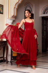 Red Mirror handwork Kurta Set with Palazzo & Dupatta