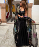 3 piece Black Crepe Anarkali Suit Set