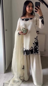 Elegant Fendy Silk Embroidered Kurta Set with Farshi Pants & Dupatta