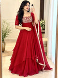 RED DESIGNER FANCY CRUSH SILK EMBROIDERED GOWN WITH DUPATTA