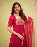 RED DESIGNER FANCY CRUSH SILK EMBROIDERED GOWN WITH DUPATTA
